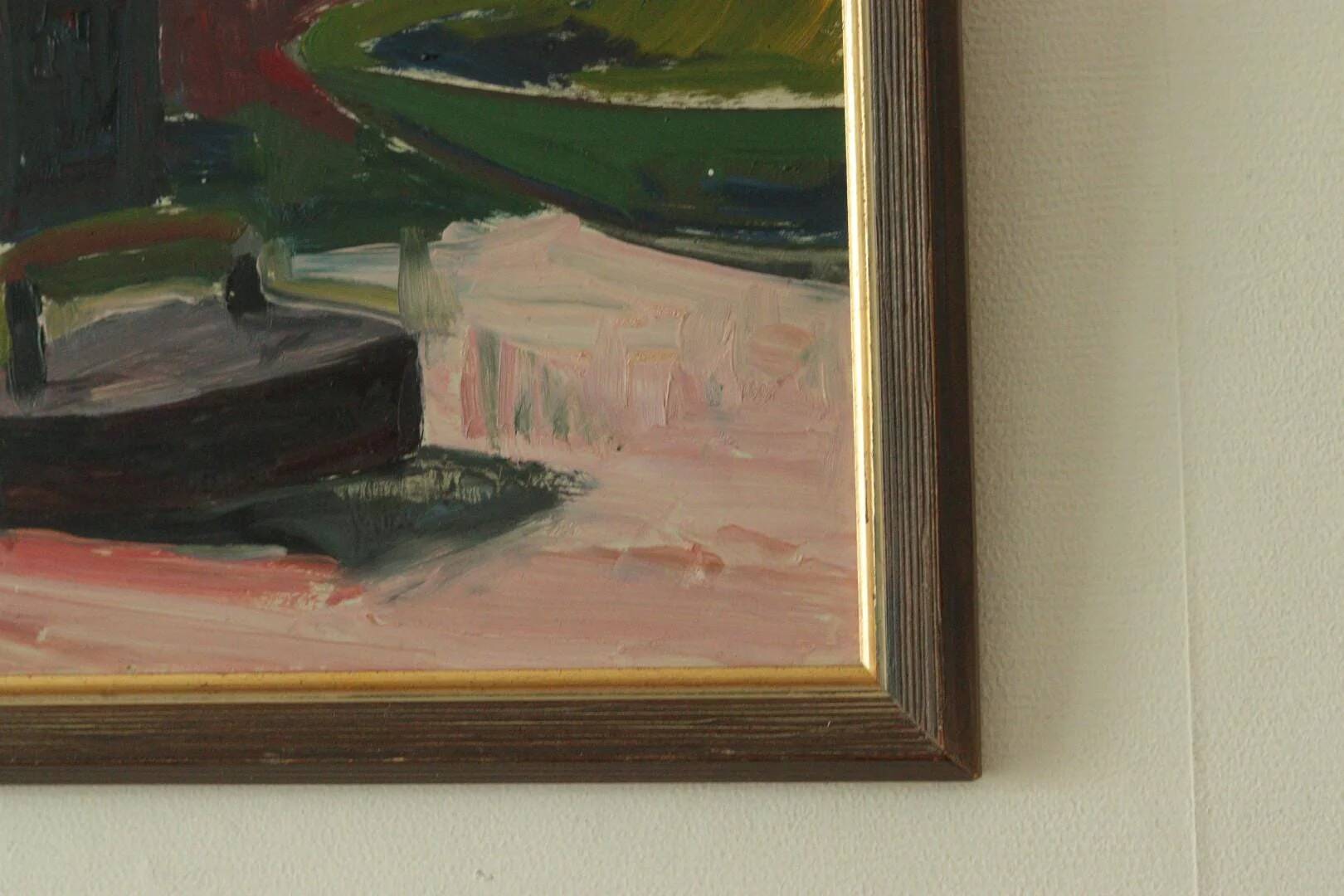 Nature morte suédoise à l'huile sur panneau avec fer et pot par Hugo Nyman