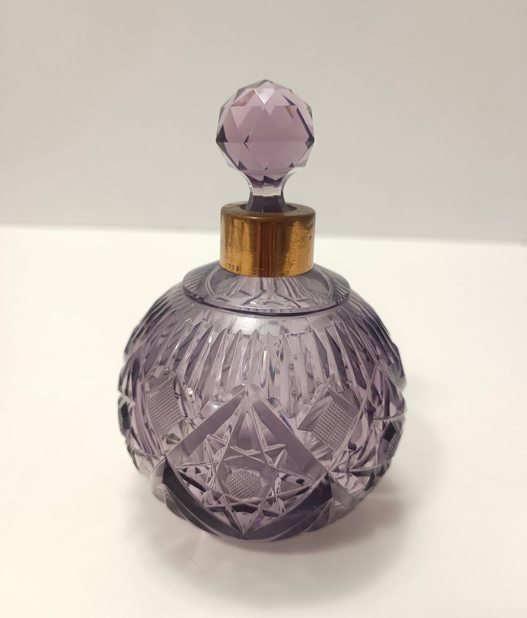 Lilac Hand Cut Crystal Glass And Brass Parfume Bottle, Italy
