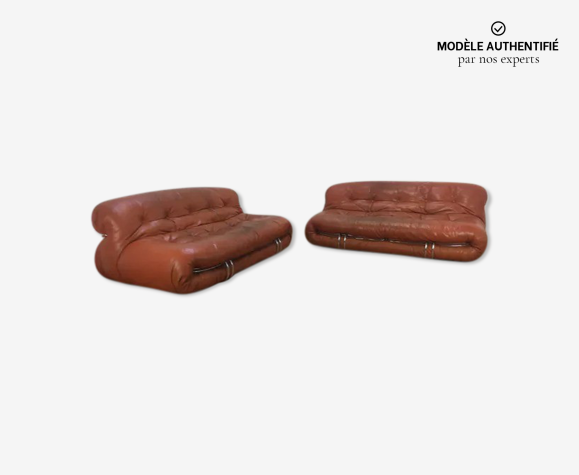 Pair of Soriana sofas by Tobia Scarpa, 2 seats, in cognac leather, for Cassina