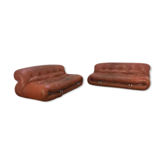 Pair of Soriana sofas by Tobia Scarpa, 2 seats, in cognac leather, for Cassina