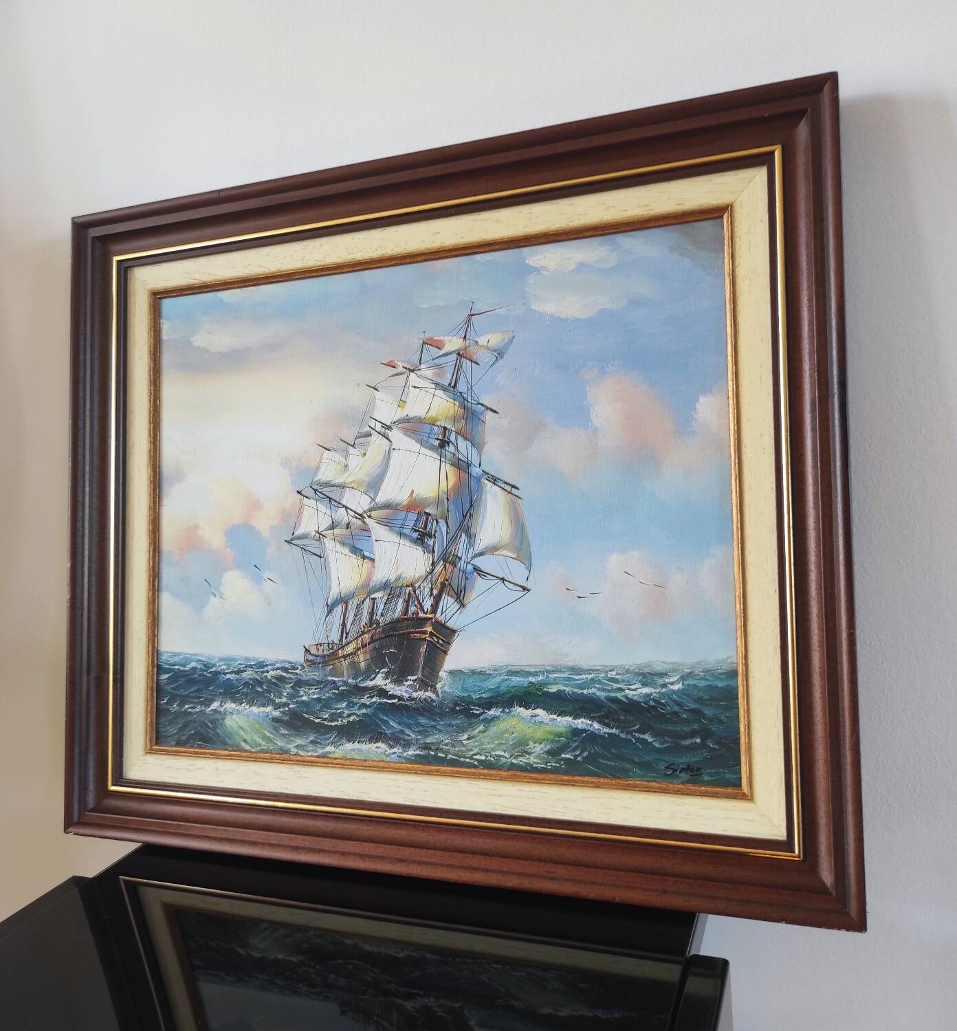 Vintage painting on canvas "Marine / Sailboat" signed Simon