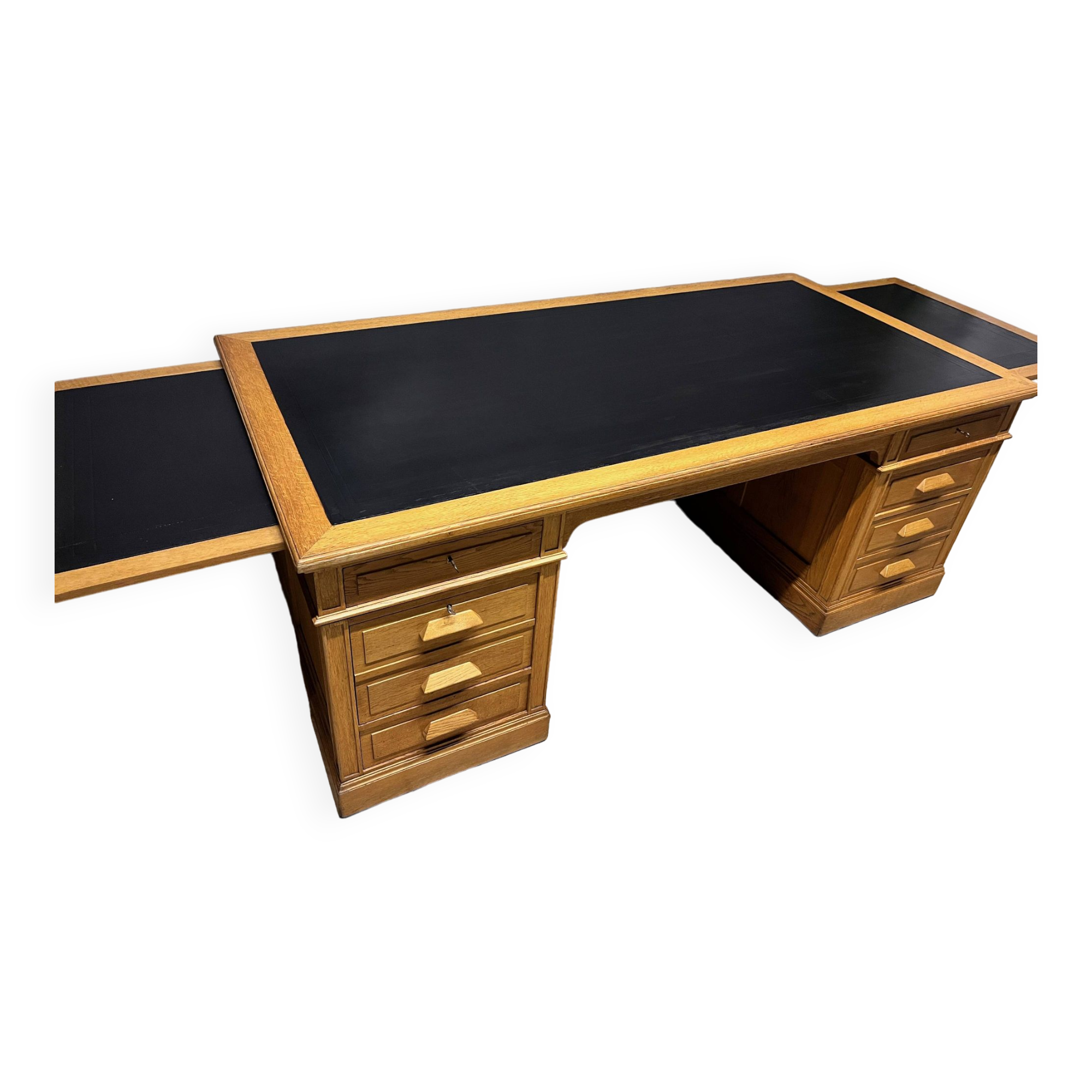 Large Desk "Banque De France" Oak and Leather Box Dish