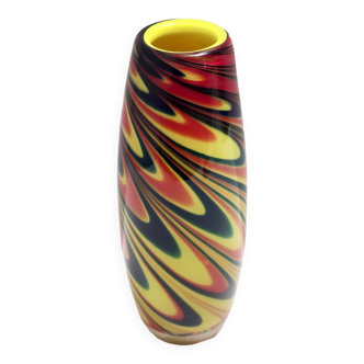 Vase à fleurs postmoderne en verre de Murano soufflé à la main noir, rouge et jaune, Italie