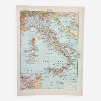 Gravure ancienne 1898, Italie, carte, géographie • Lithographie, Planche originale