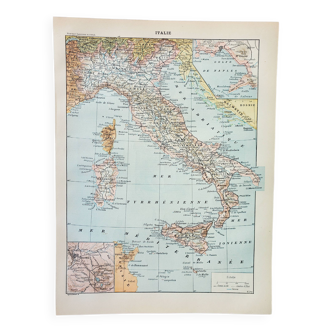 Gravure ancienne 1898, Italie, carte, géographie • Lithographie, Planche originale