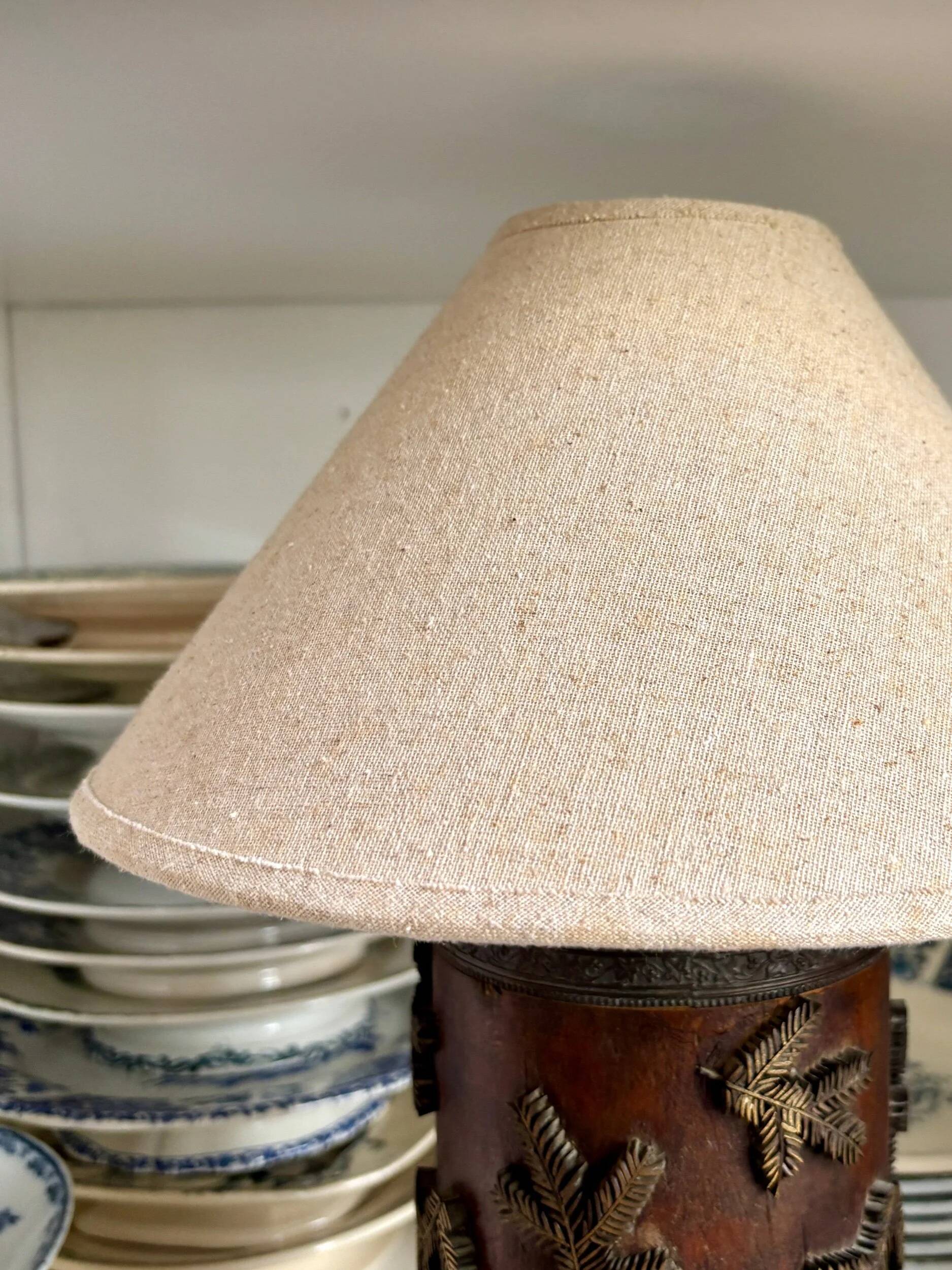 Dark wood and beige cotton block print table lamp