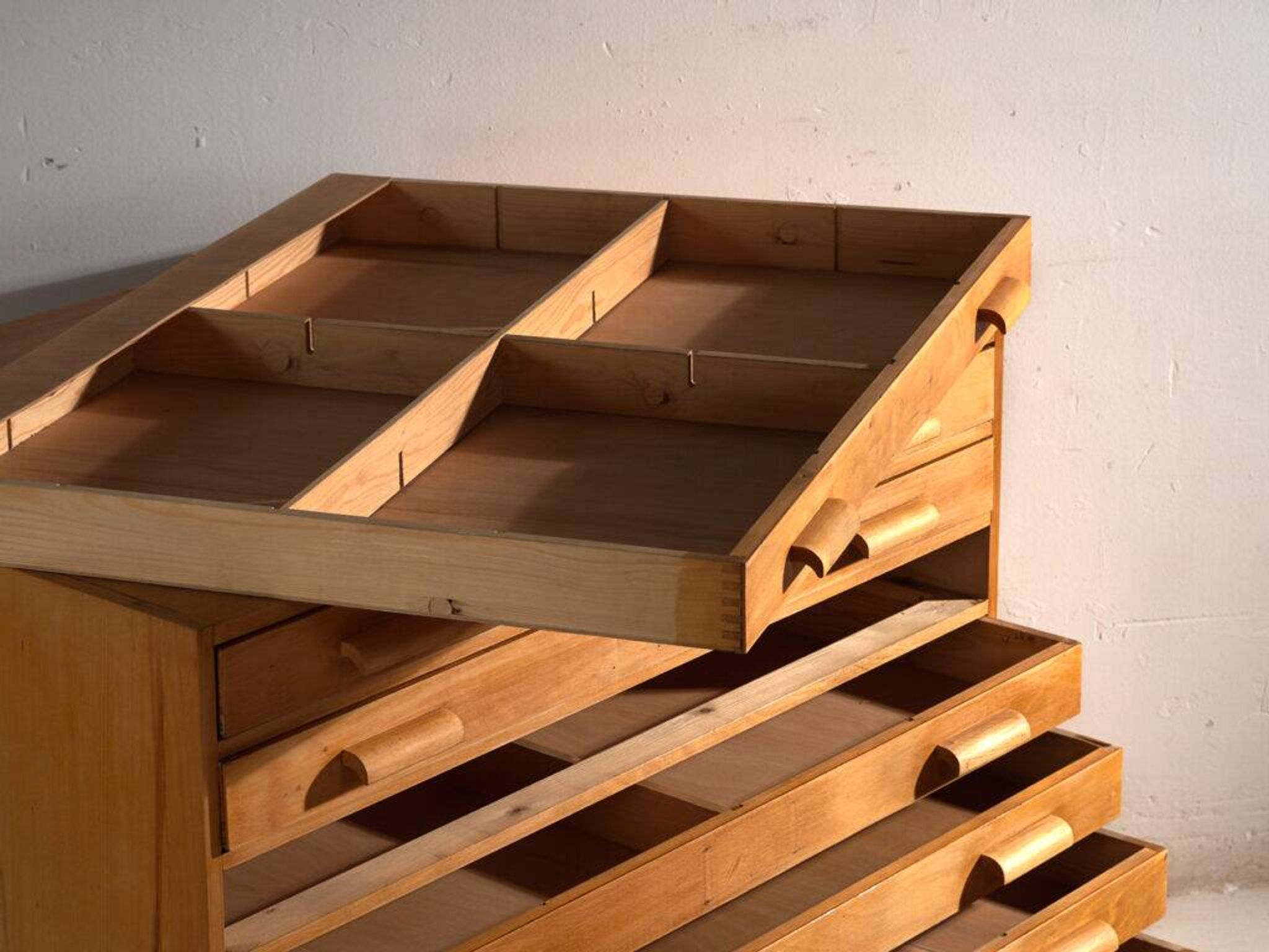 Antique plan cabinet in beech wood – Central Europe, around 1950