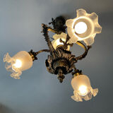 Ancien lustre cage en bronze et 4 feux tulipe