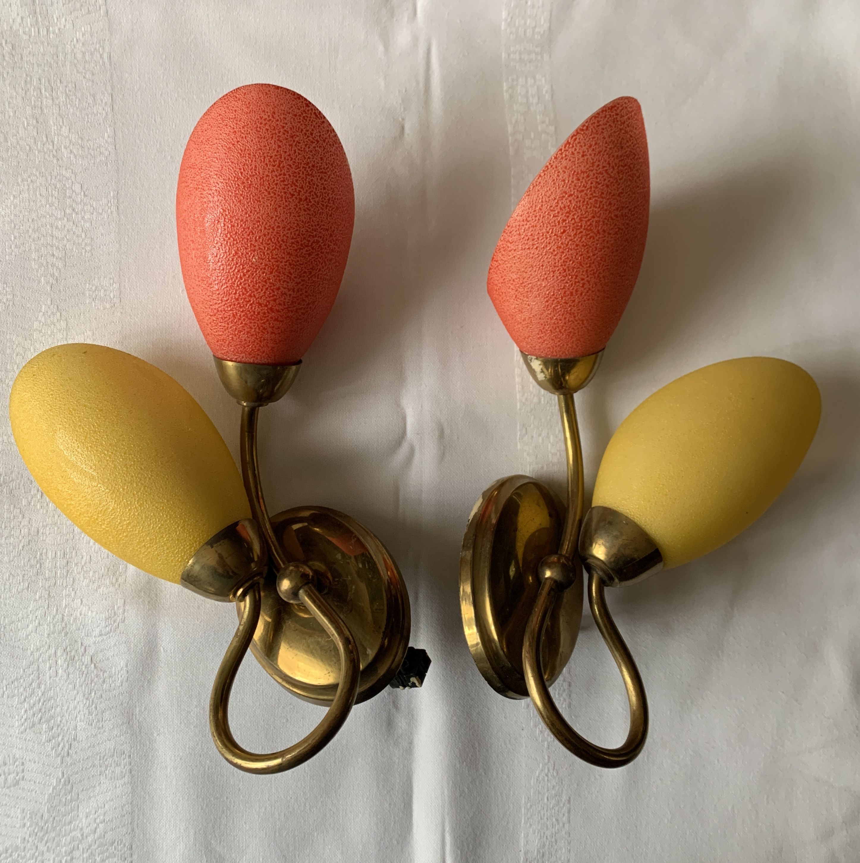 Pair of double wall lamp in brass and opaline year 1960 bi-color