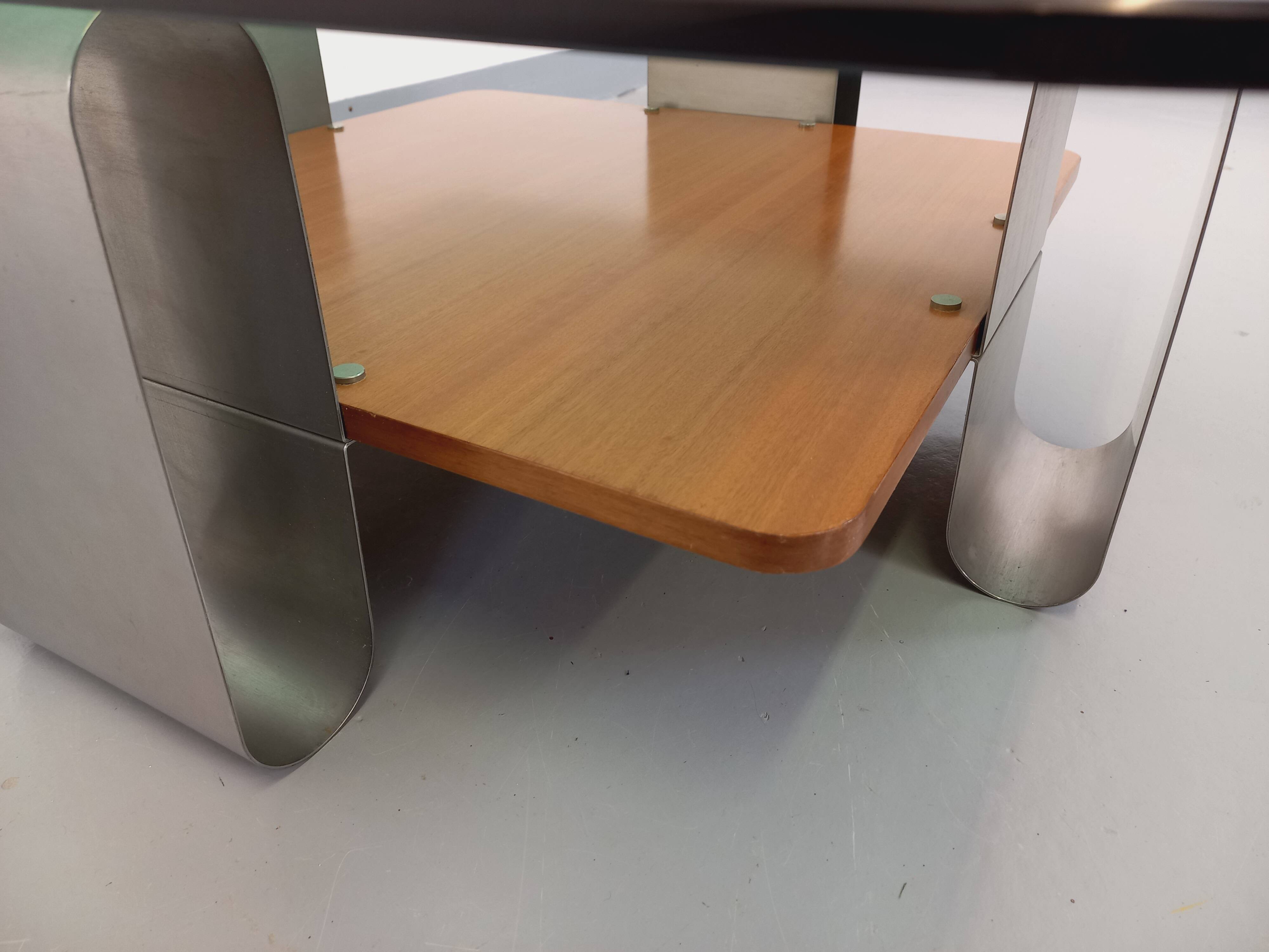 Square coffee table with 2 trays, vintage Space Age style from the 70s, in bluish smoked glass, teak