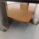 Square coffee table with 2 trays, vintage Space Age style from the 70s, in bluish smoked glass, teak