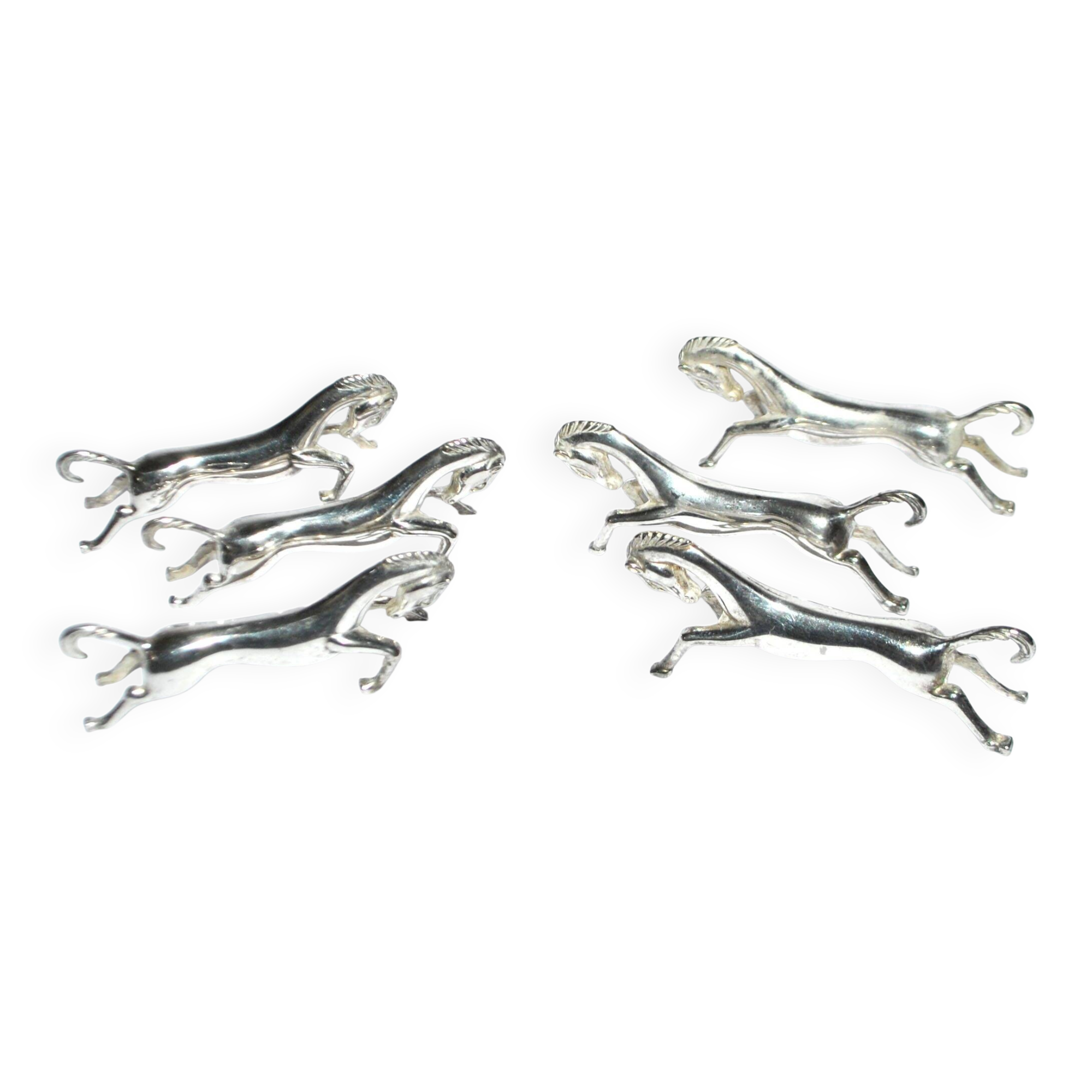 Set of 6 animal-shaped knife rests, modernist horse design in silver-plated metal, equestrian.