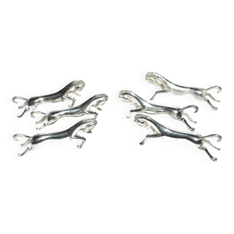 Set of 6 animal-shaped knife rests, modernist horse design in silver-plated metal, equestrian.