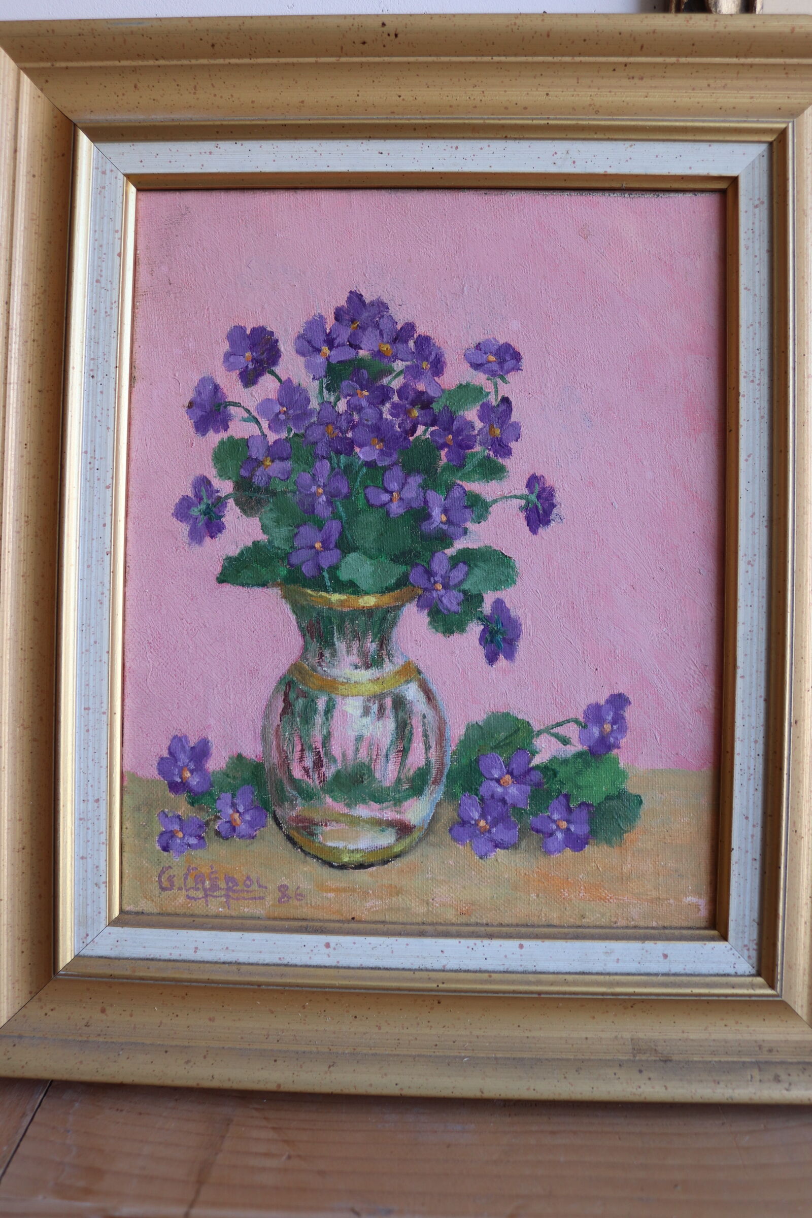 Framed oil on canvas – still life with violets
