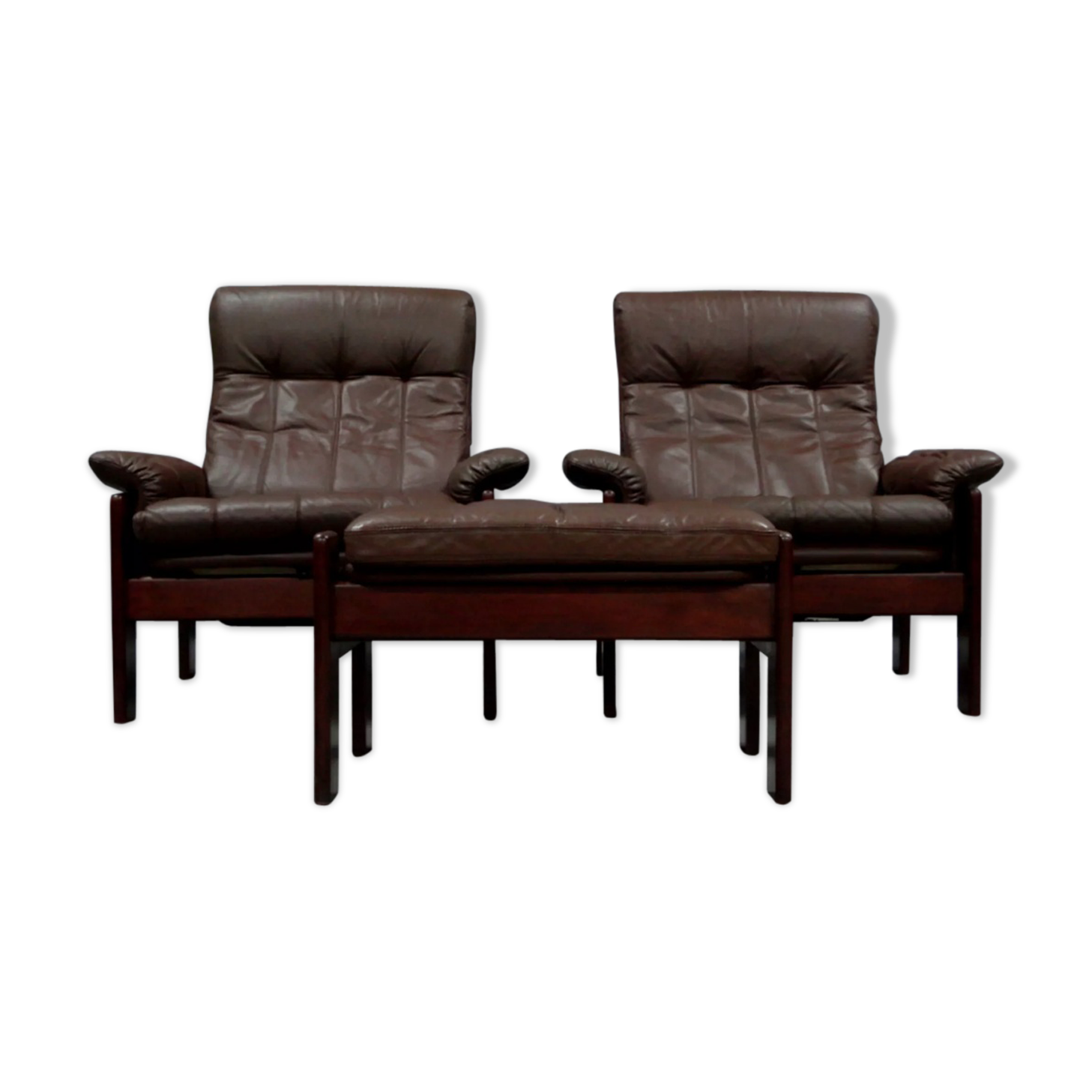 Pair of armchairs and ottoman in leather, 1970