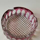 Large Val St-Lambert Ashtray/Vacuum Bin. Cranberry. Oval/Cross-hatched Patterns. Diam 15.5 cm