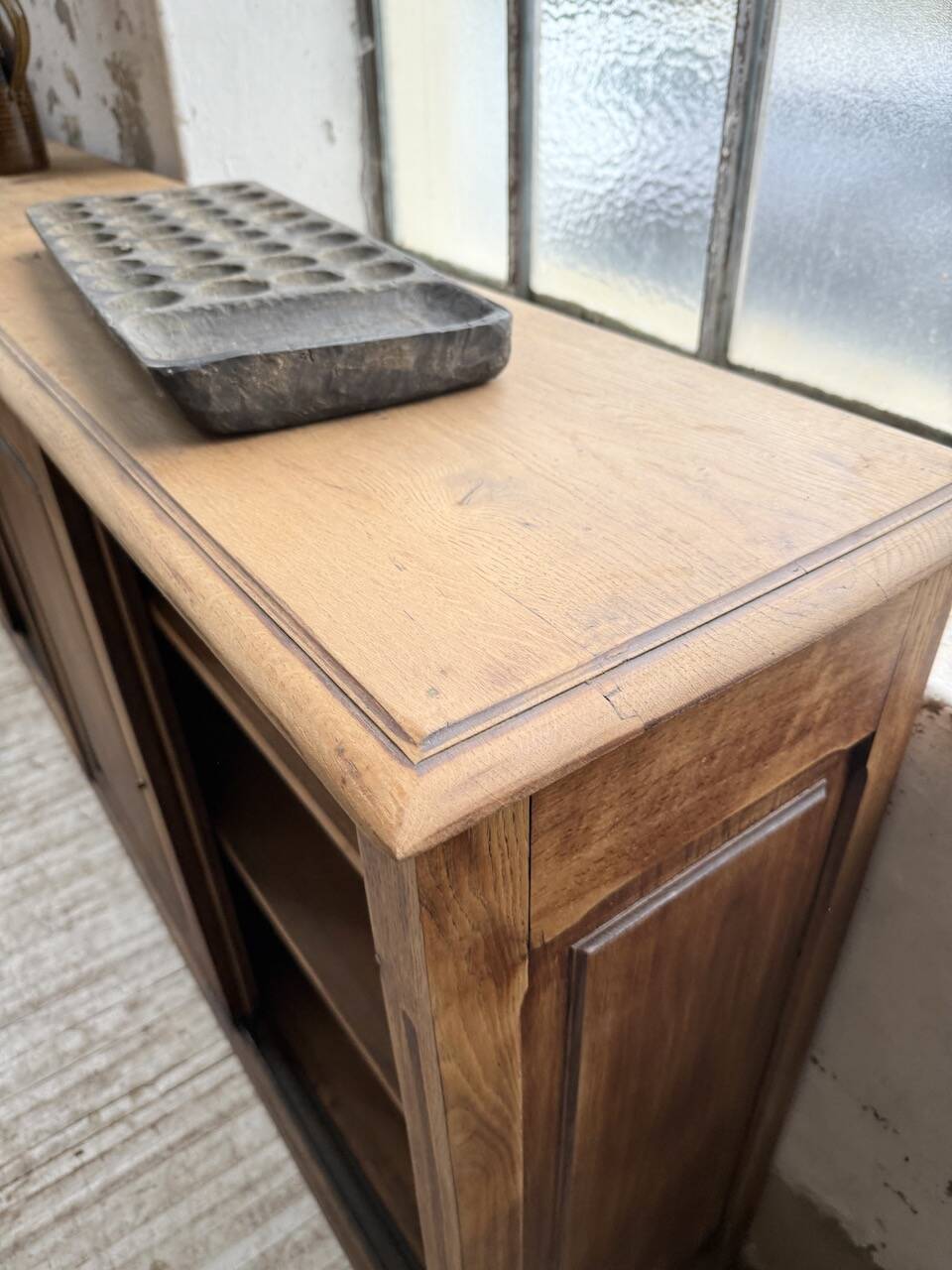 XL oak workshop sideboard with sliding doors from 1900
