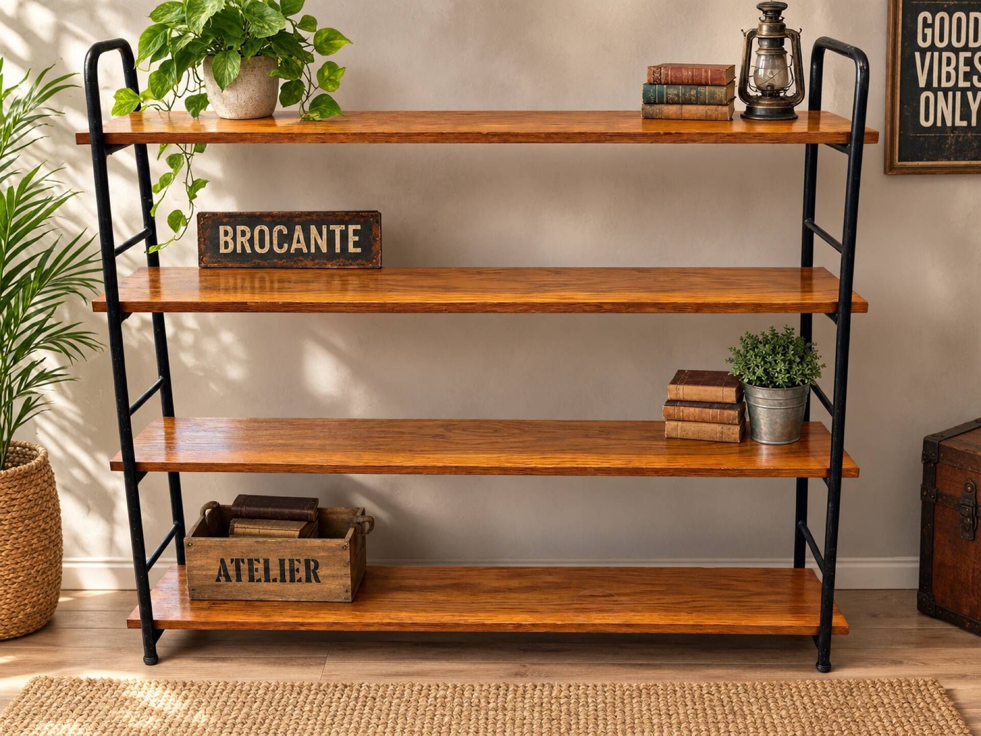 Low freestanding wooden and metal bookshelf, Omnia style – 1960