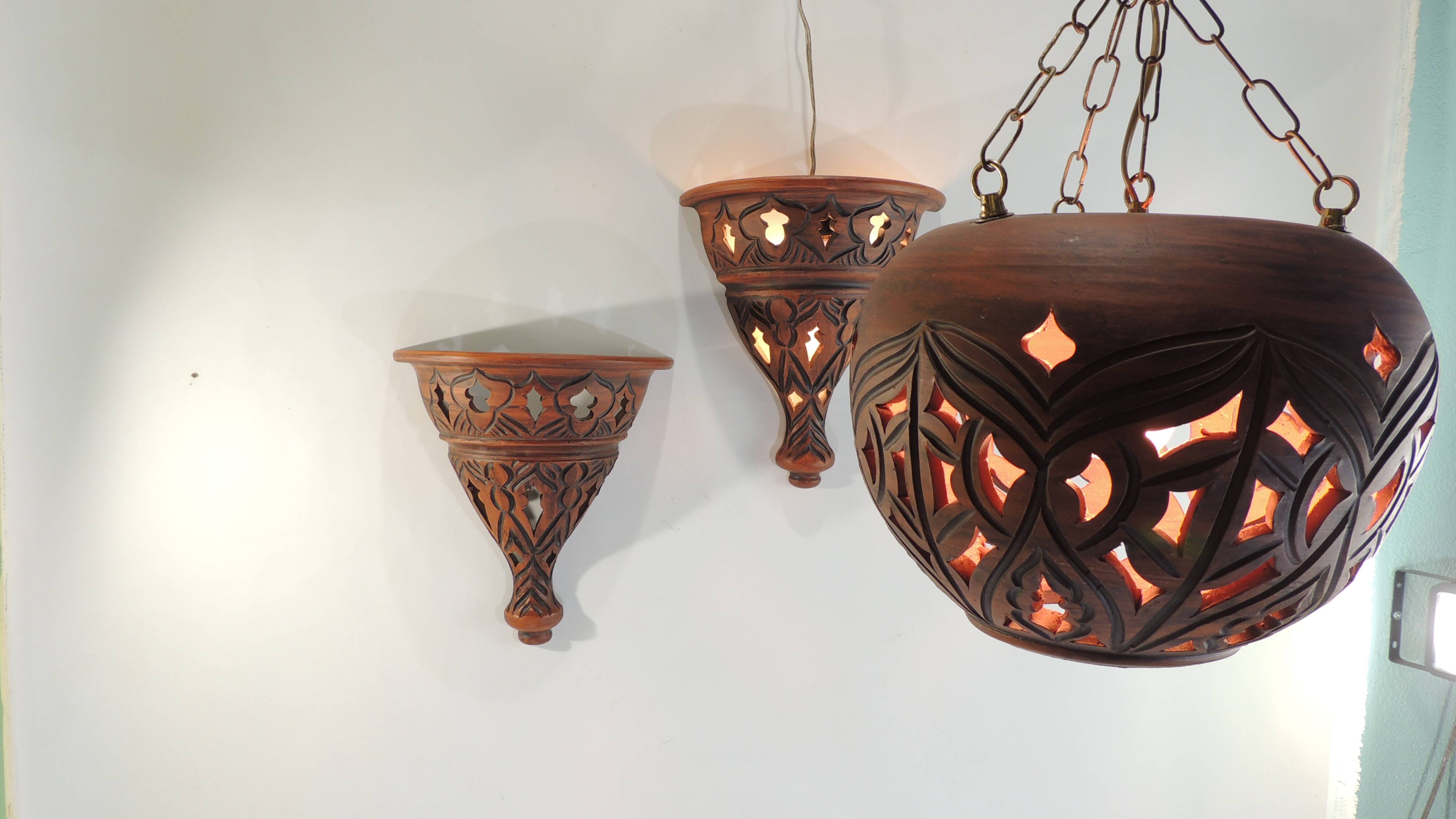 Suspension and pair of terracotta/vintage wall lights