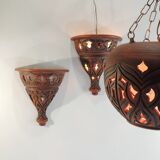 Suspension and pair of terracotta/vintage wall lights