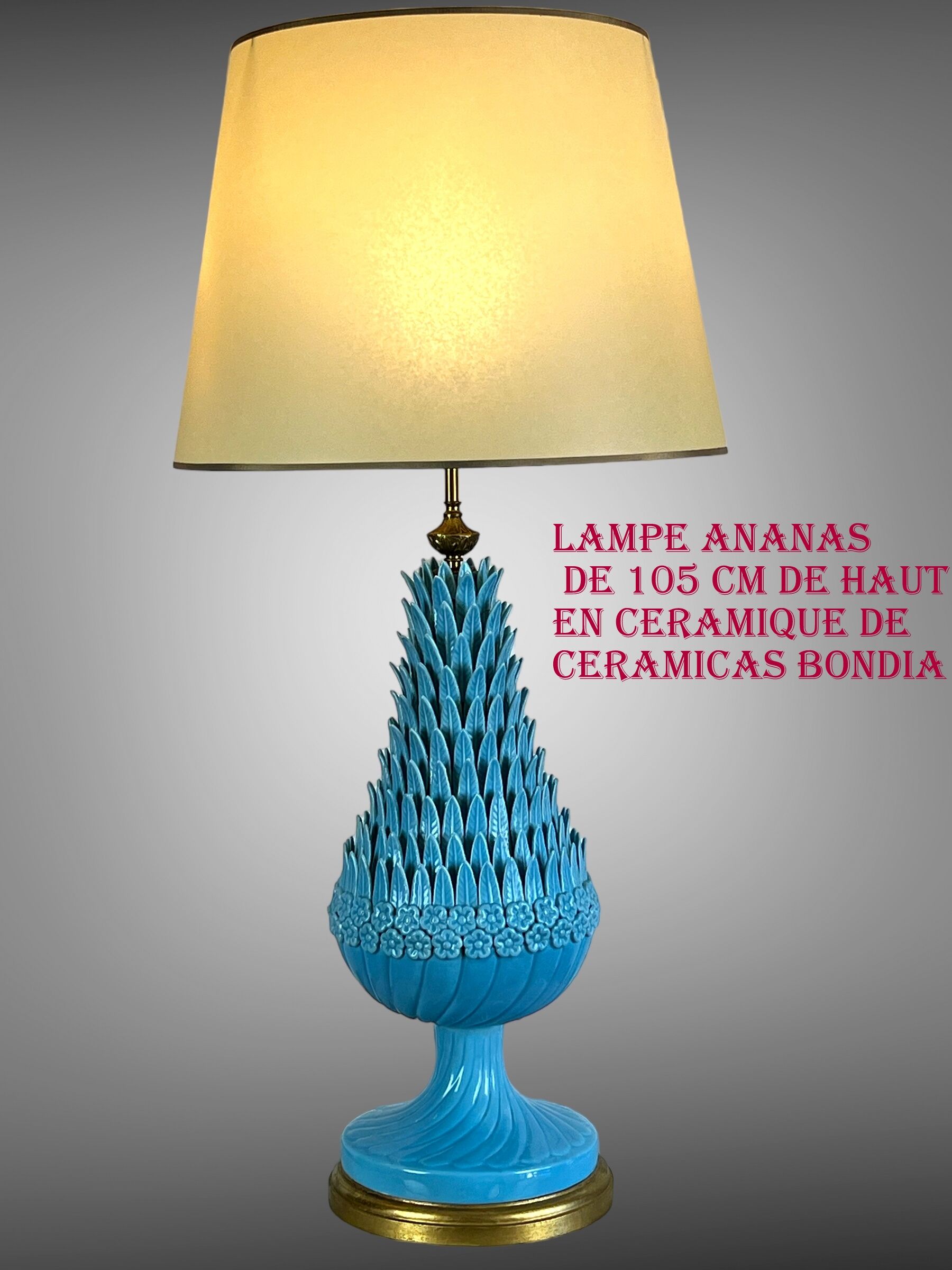 1.05 m pineapple lamp in turquoise ceramic on a gilded wooden base from the 1950s