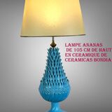 1.05 m pineapple lamp in turquoise ceramic on a gilded wooden base from the 1950s