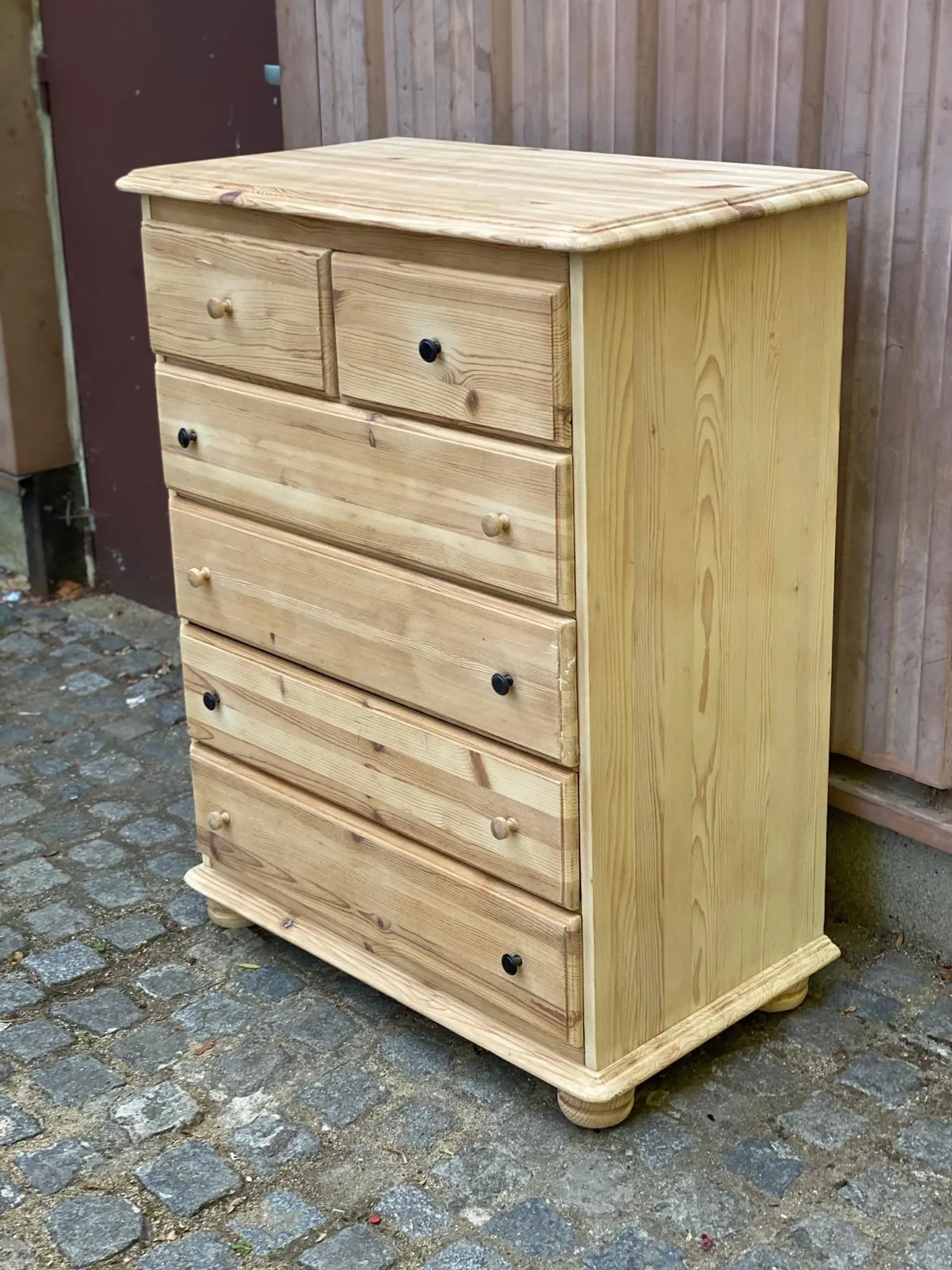 High Scandinavian chest of drawers stripped in solid pine from the 1980s.