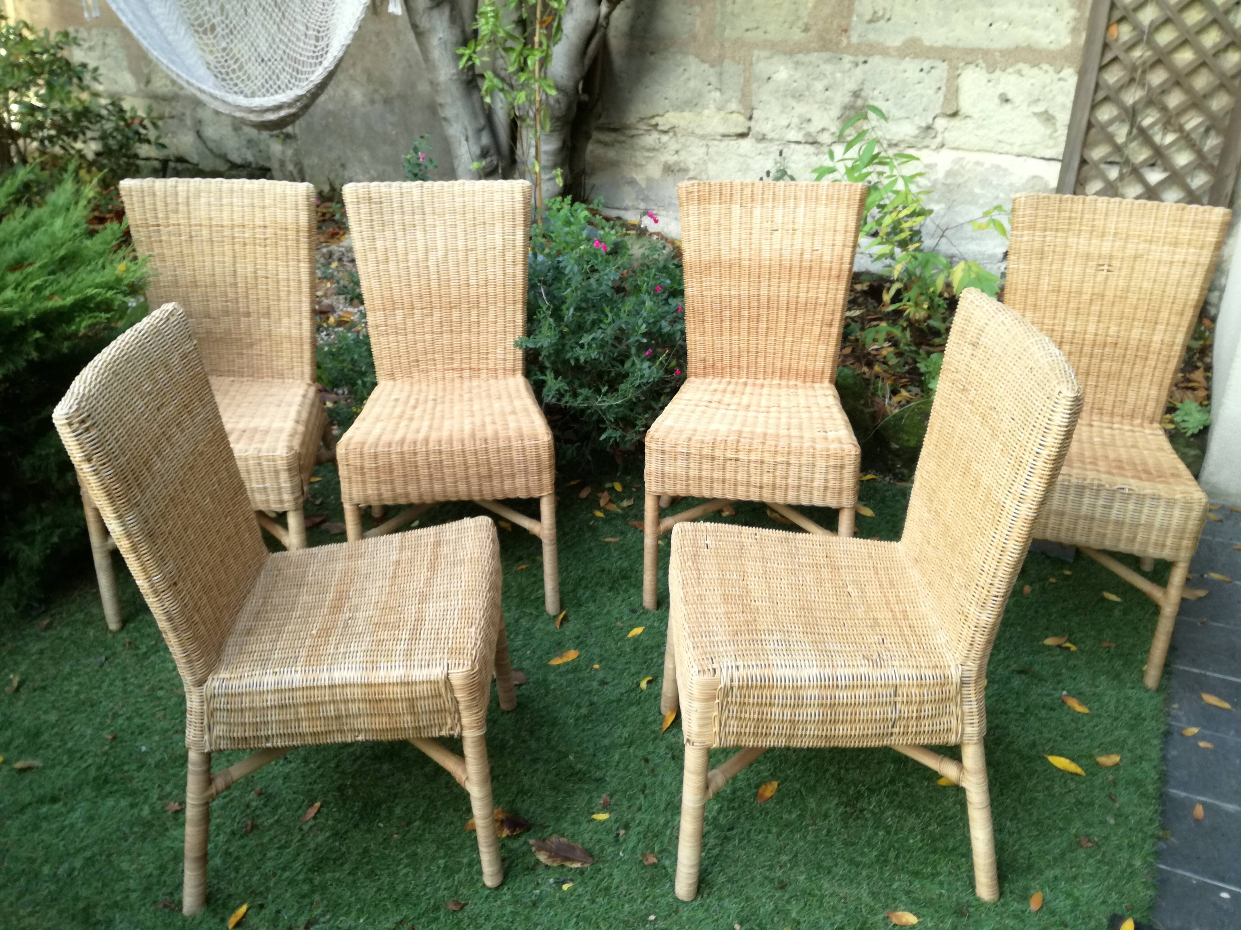 6 chaises vintage en bambou et osier 70's