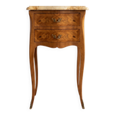Louis XV bedside table in marquetry wood and marble