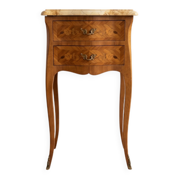 Louis XV style bedside table in marquetry wood and marble