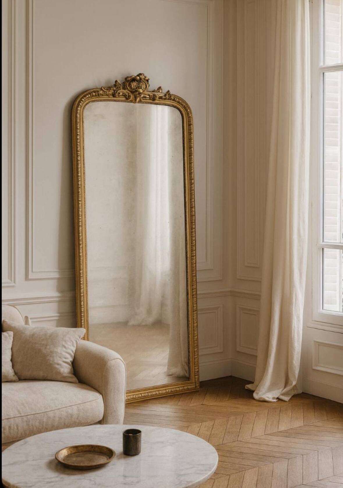Miroir ancien Louis Philippe fronton doré - 191 x 90 cm