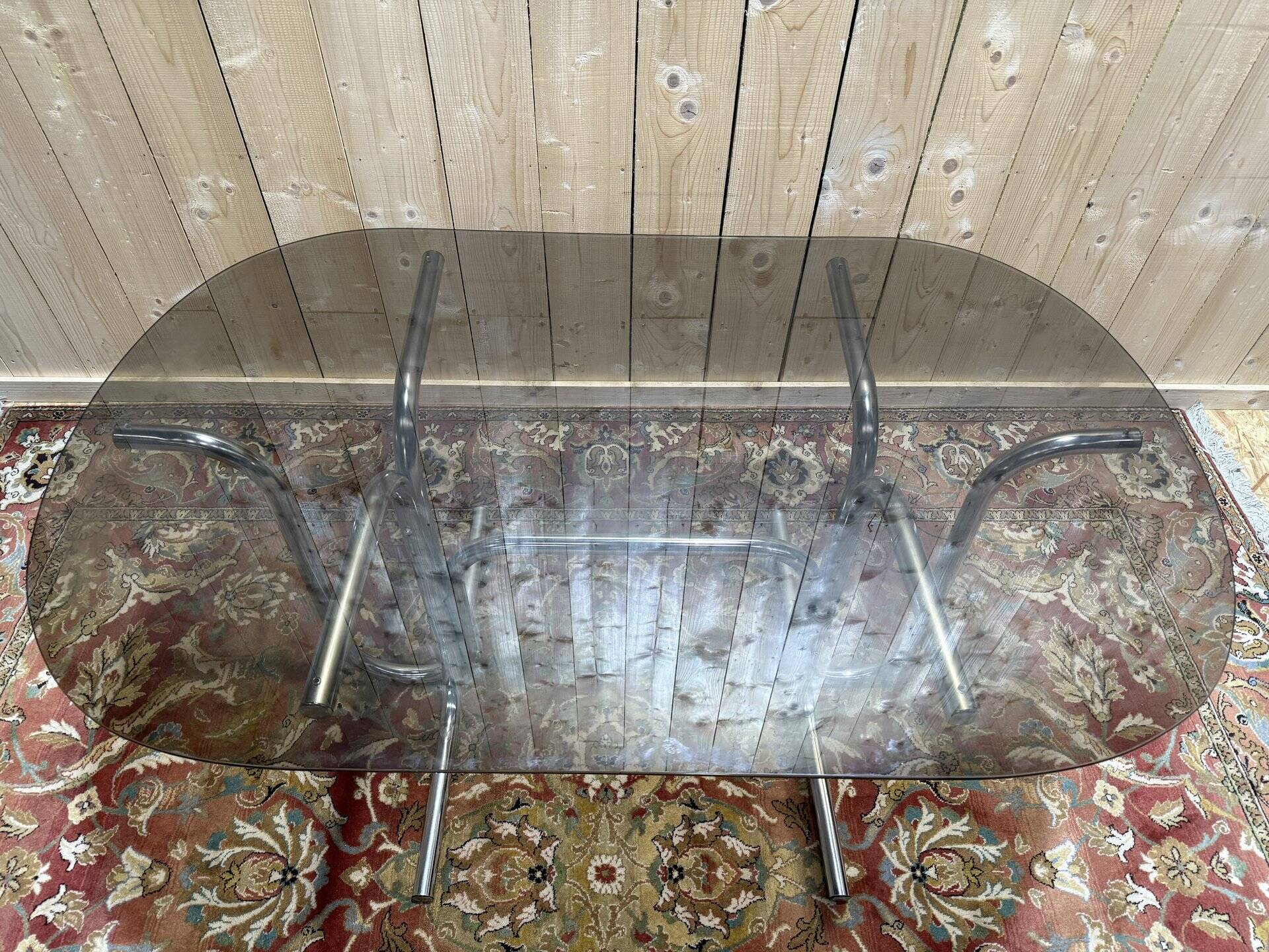Tubular chrome and smoked glass dining table, 1970