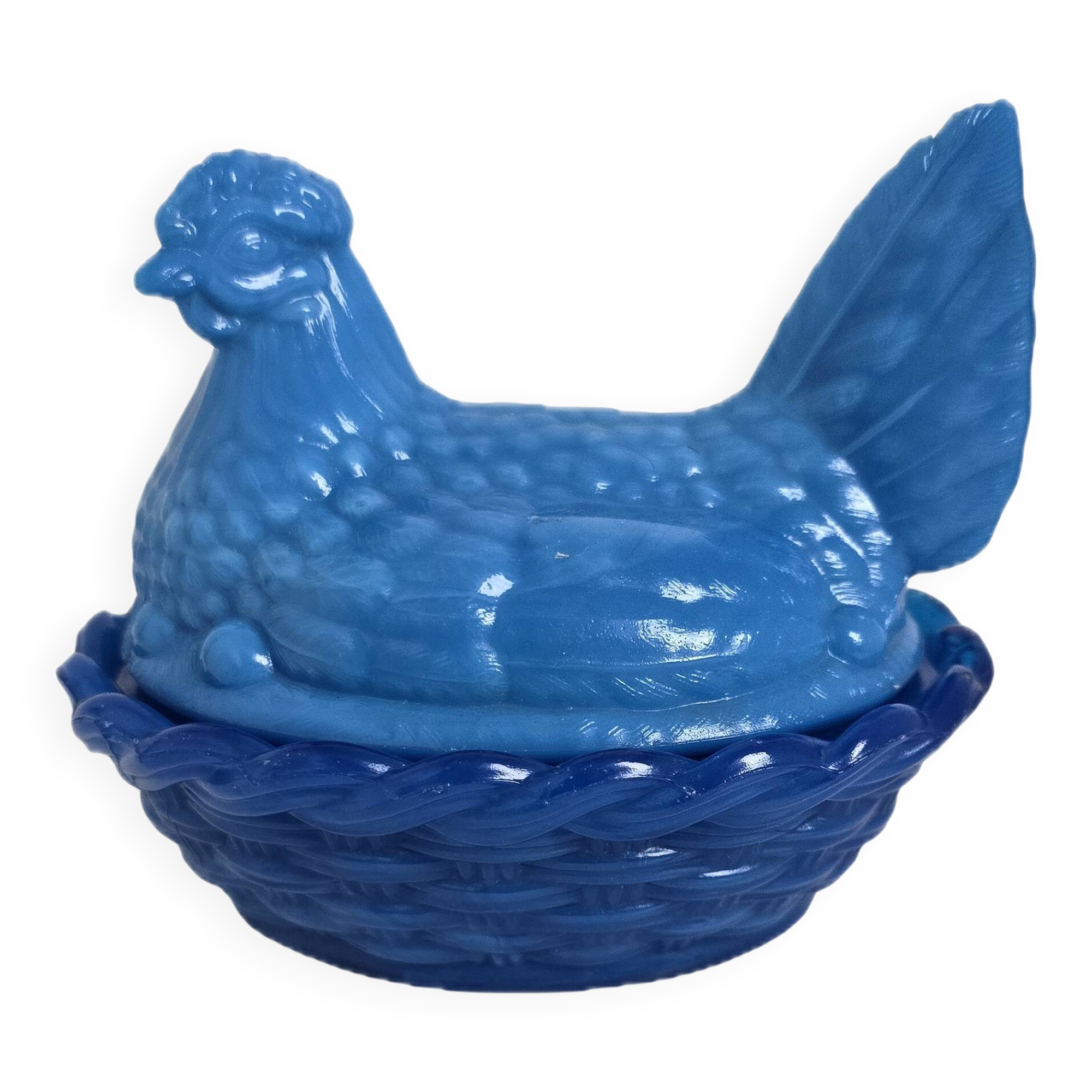 Bonbonnière chicken on its nest in blue opaline, Portieux-Vallérysthal