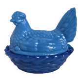 Bonbonnière chicken on its nest in blue opaline, Portieux-Vallérysthal