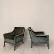 Pair Lounge Chairs in green velvet and lacquered wood, France, 1950