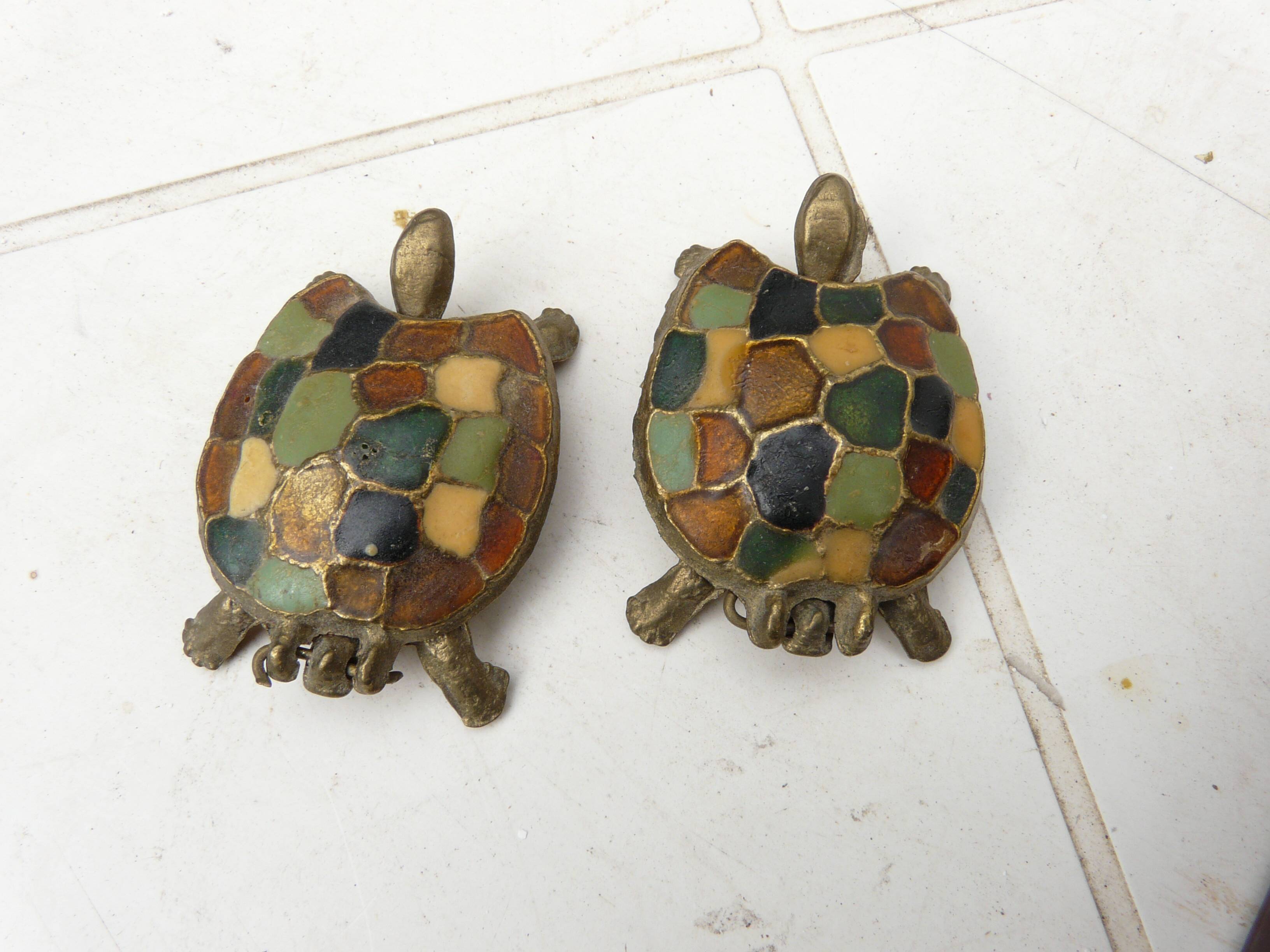 Pair of brass and enameled turtle jewelry box