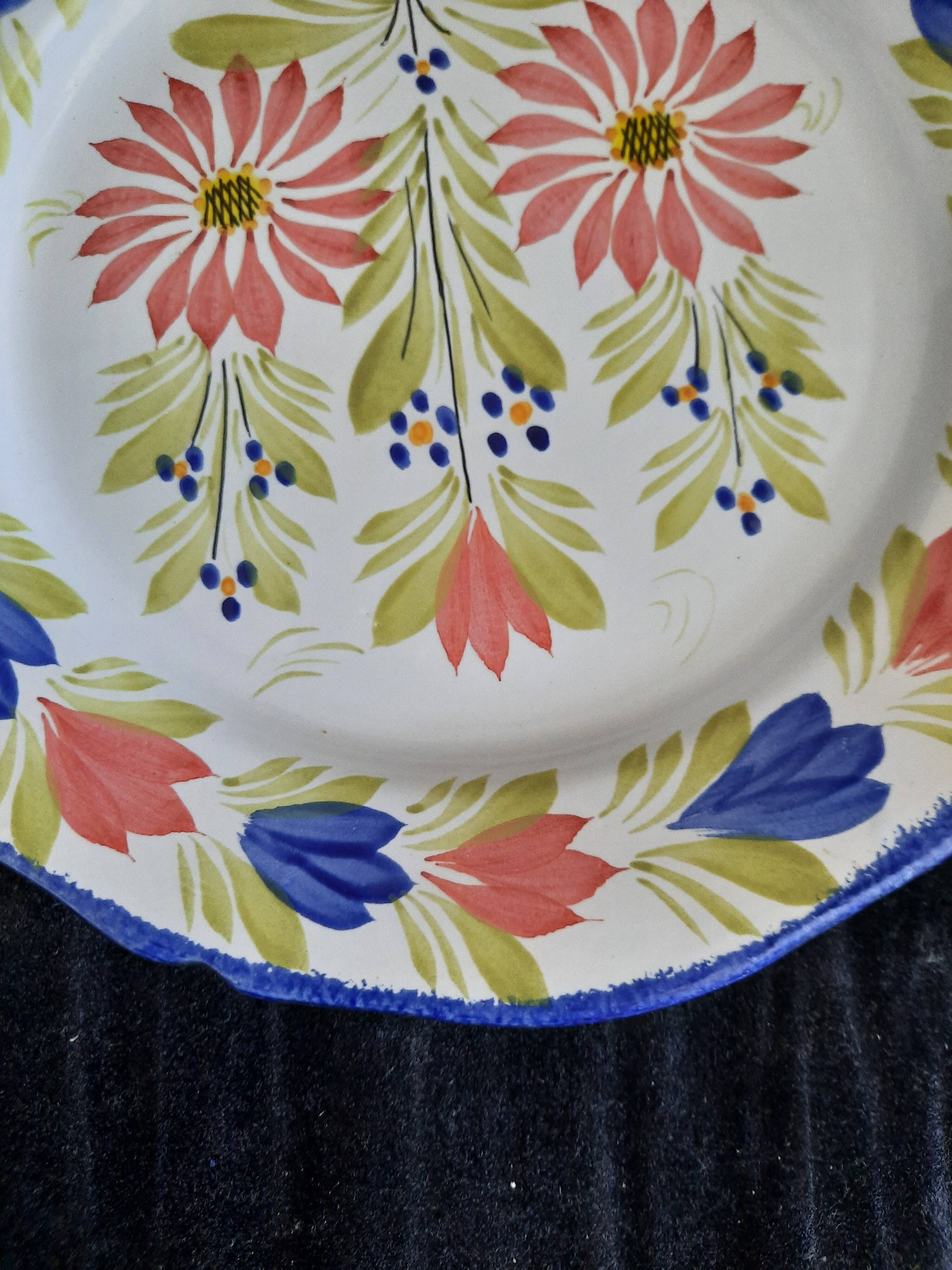Old flat plate faience hb quimper hand-painted floral decoration