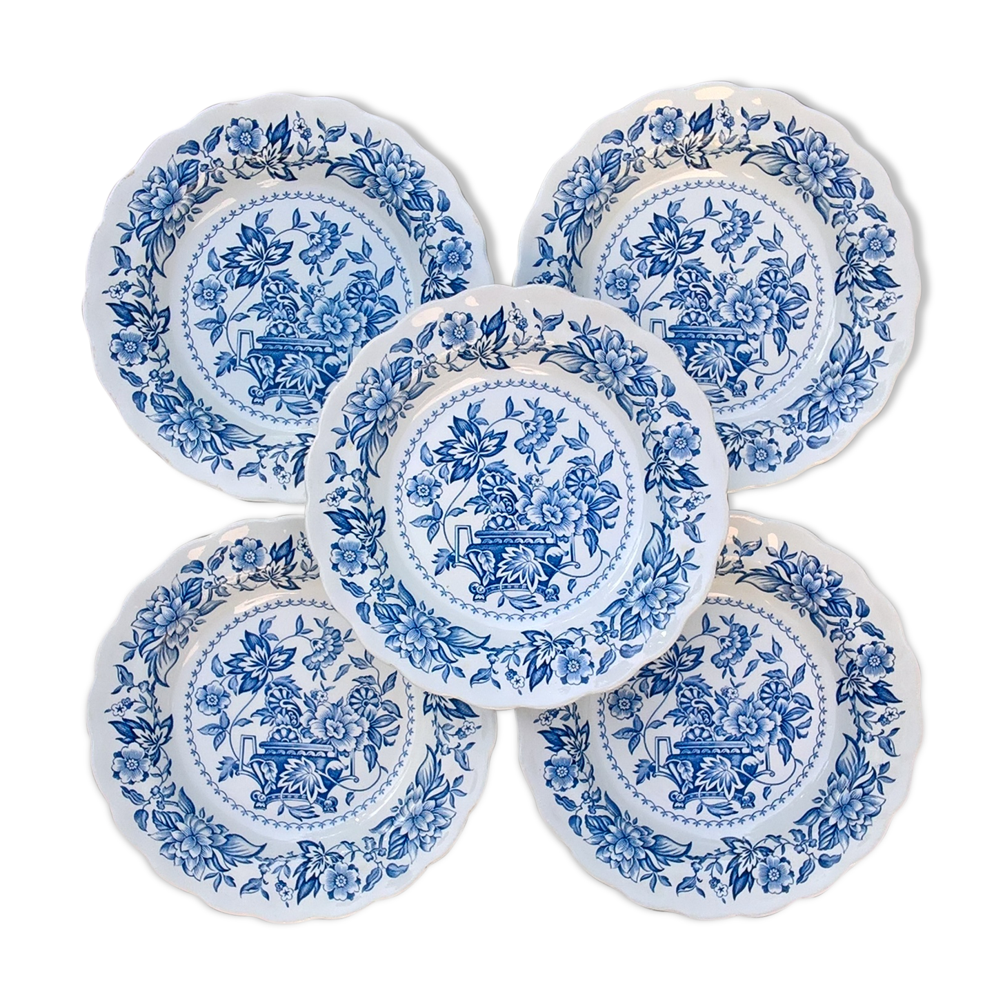 Ridgway "Pagoda" Staffordshire white and blue soup plates