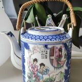 Japanese fine porcelain teapot, Geisha/cherry blossom patterns, Bamboo imitation handle