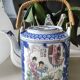 Japanese fine porcelain teapot, Geisha/cherry blossom patterns, Bamboo imitation handle