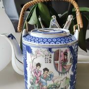 Japanese fine porcelain teapot, Geisha/cherry blossom patterns, Bamboo imitation handle