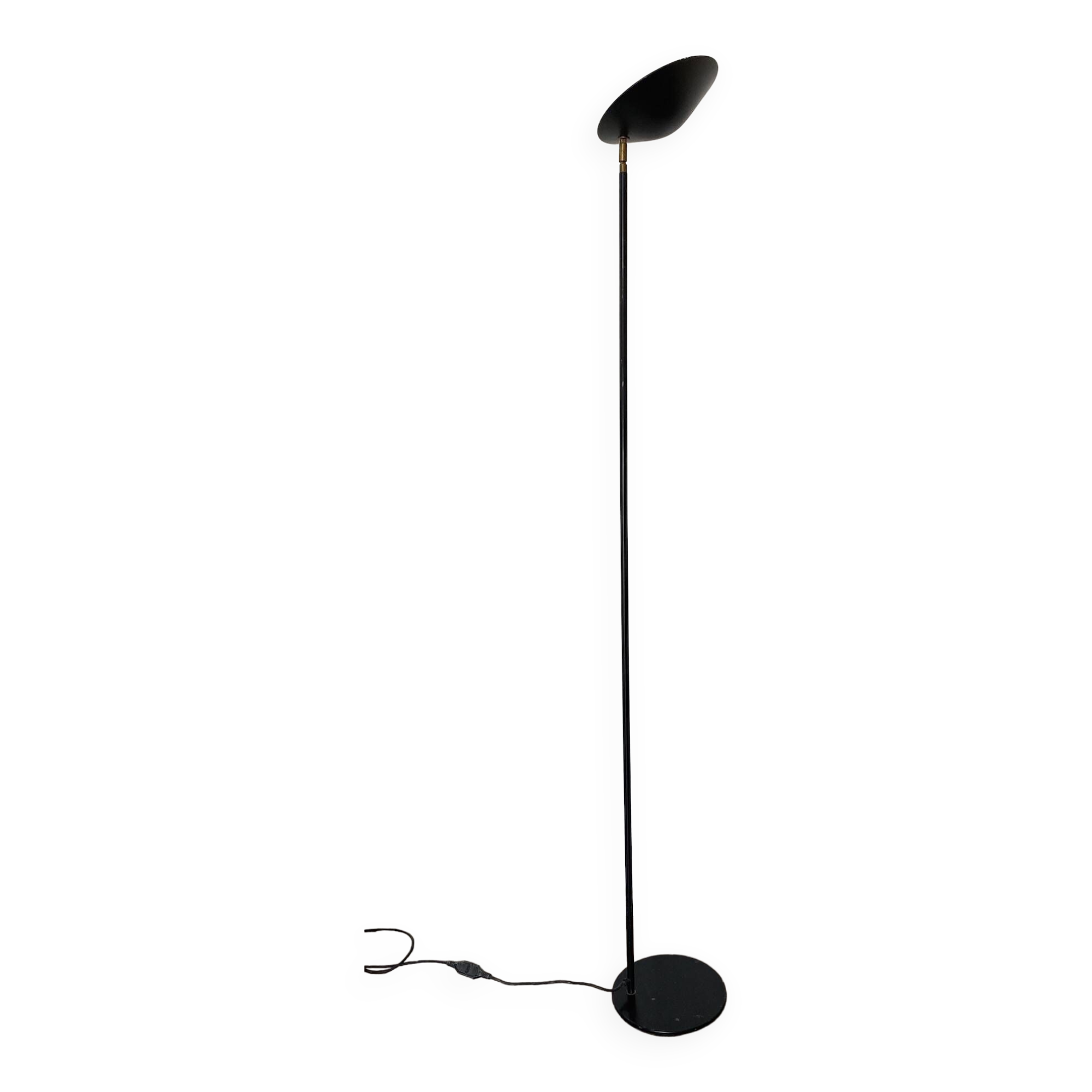 Vintage halogen floor lamp in black lacquered metal and brass ball joint