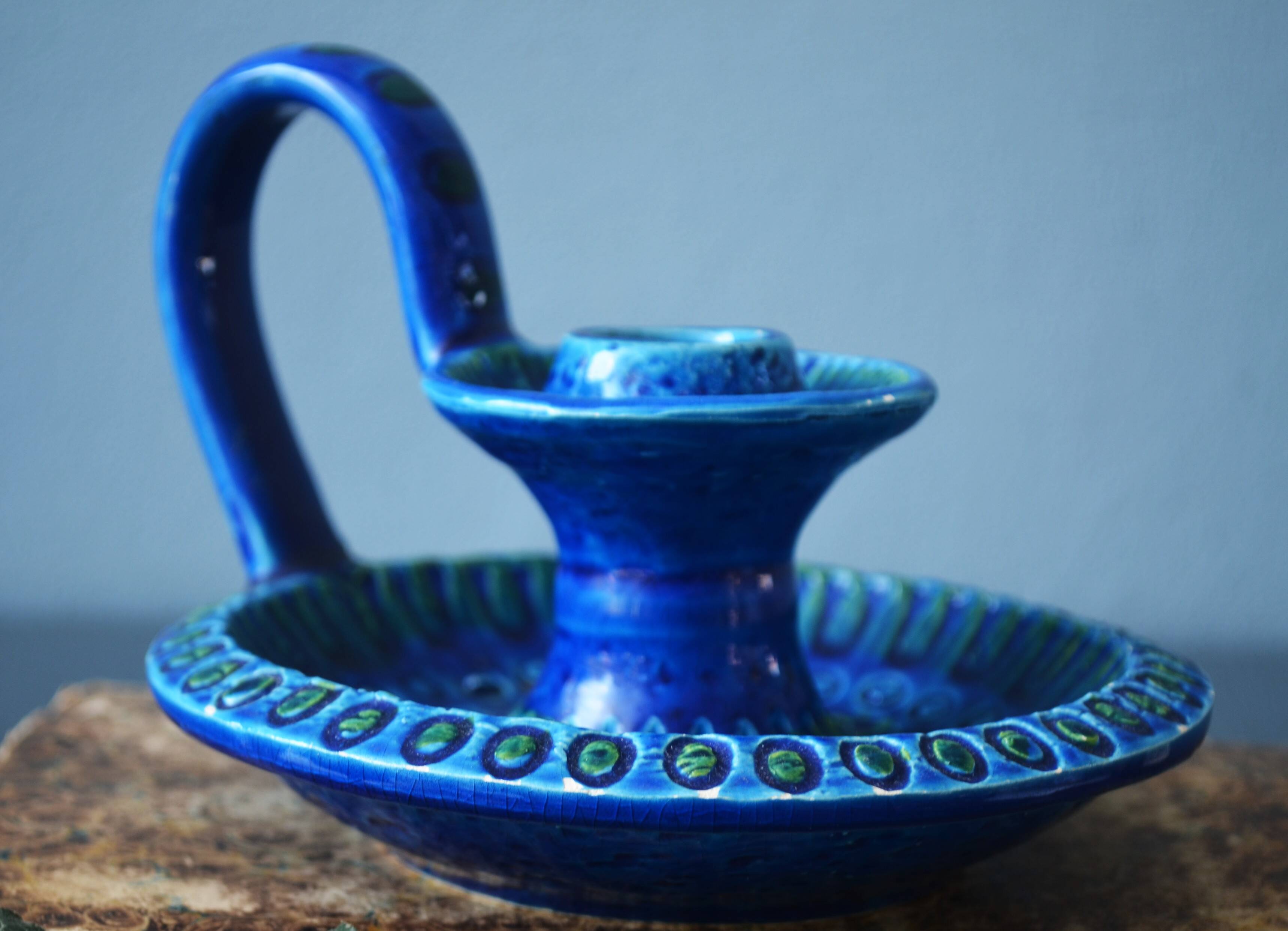 Mid Century Bitossi Aldo Londi Rimini Blue Chamber Candle Holder Painted in Blu