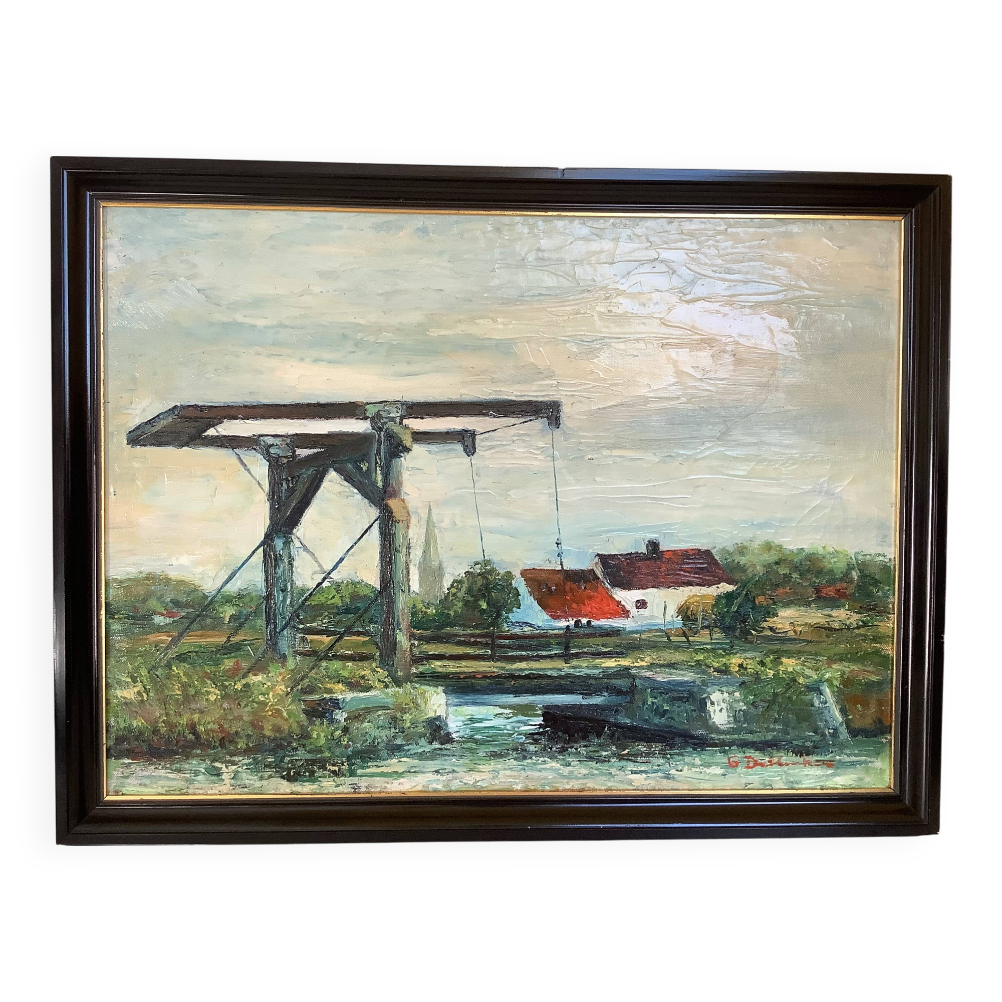 Canal landscape painting oil on panel signed