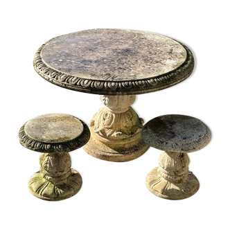 Table de jardin en pierre reconstitué & 2 tabourets