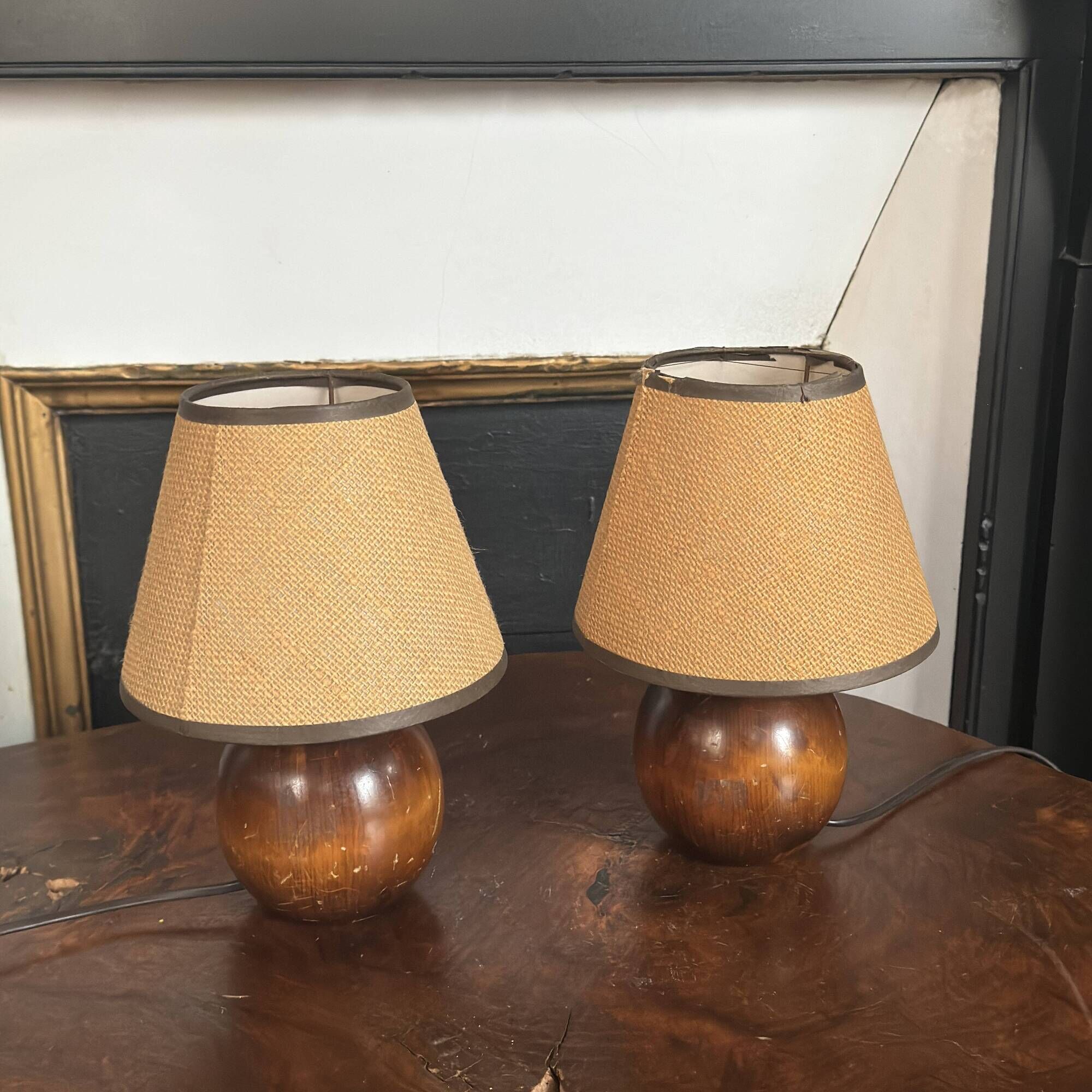 Pair of vintage brutalist wooden bedside lamps 1950