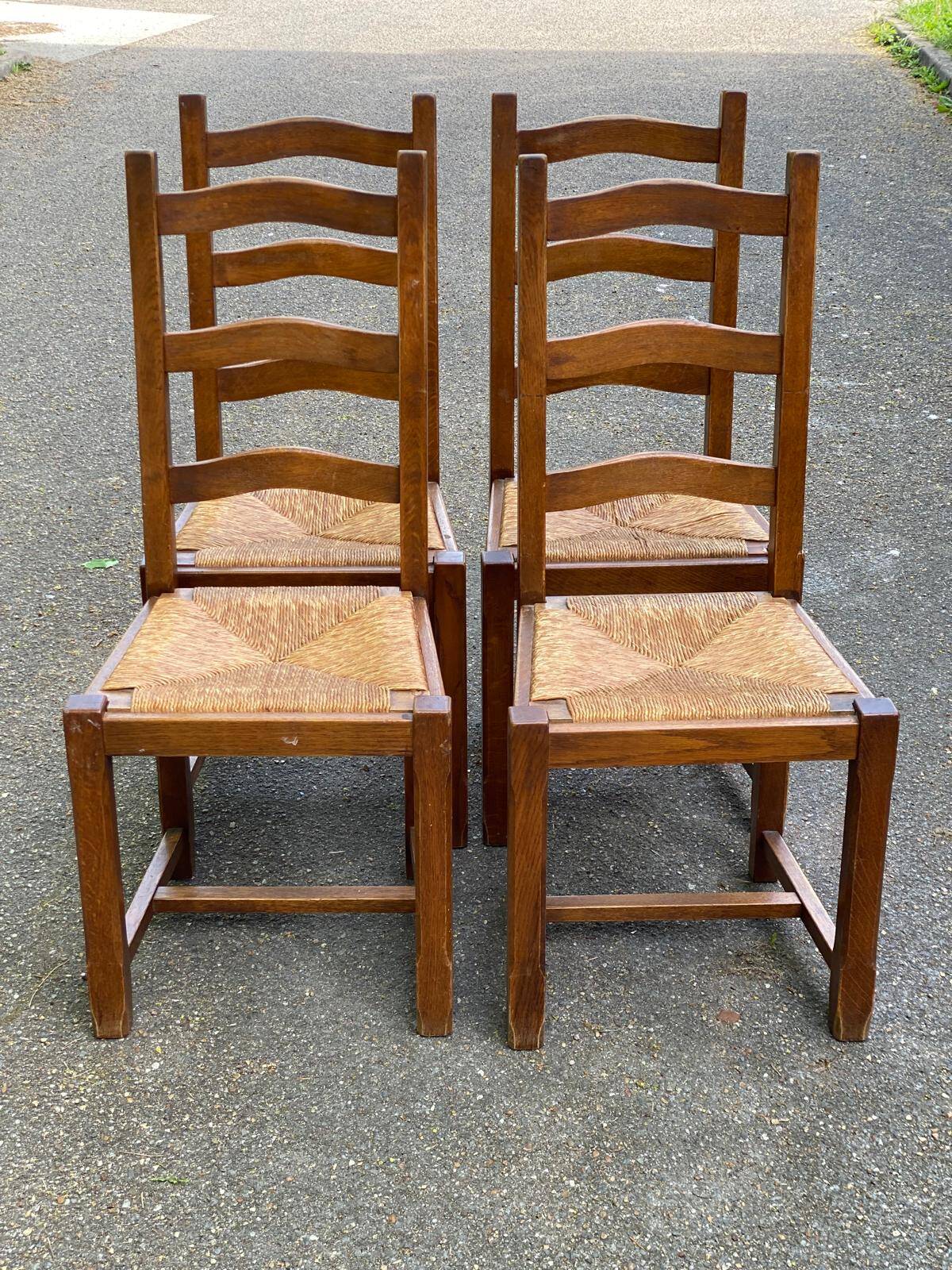 4 dining chairs made of solid wood with straw seats, farmhouse style, medium oak, 1960, 100cm.