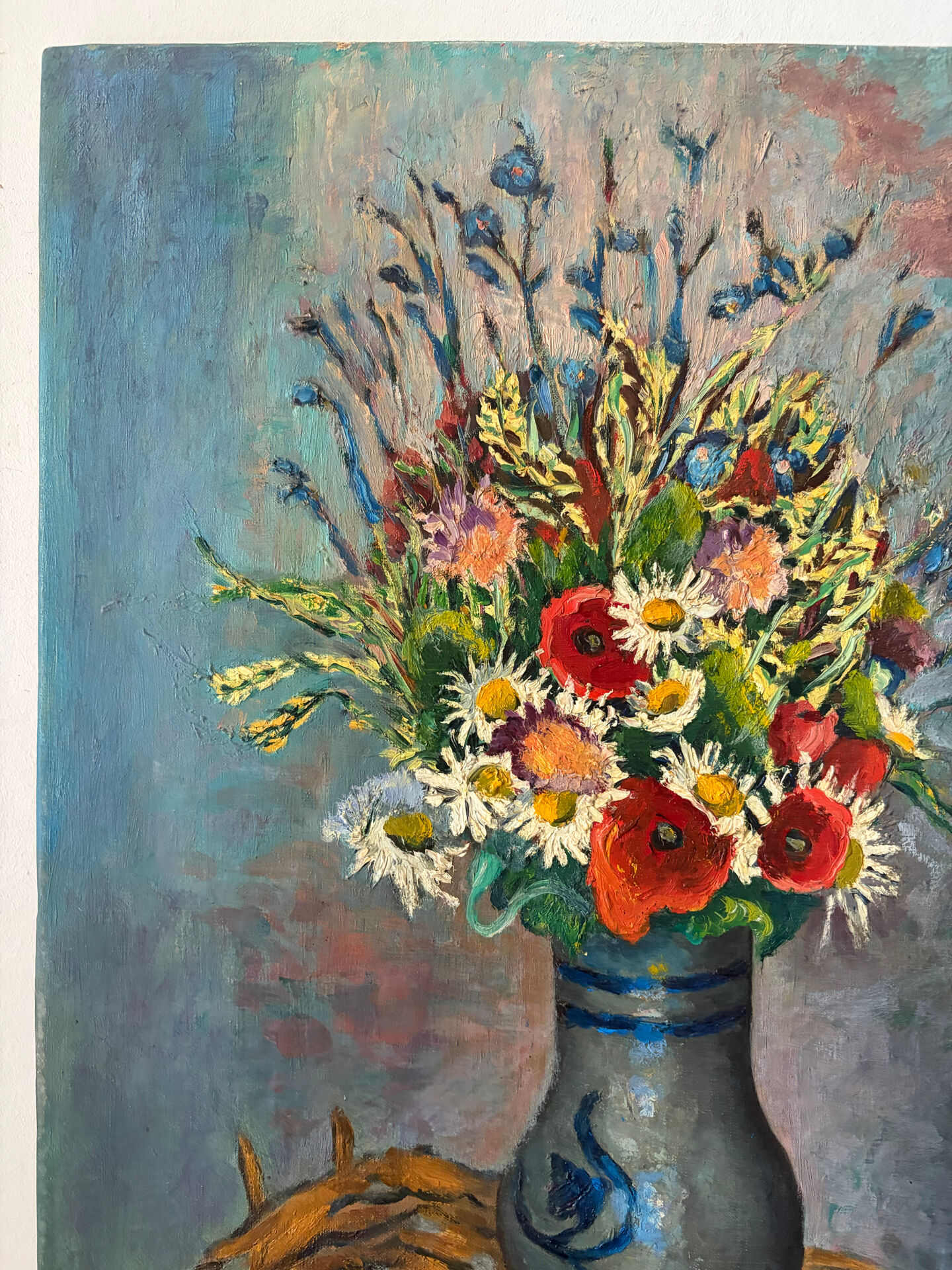 Bouquet of flowers with poppies, oil on canvas signed
