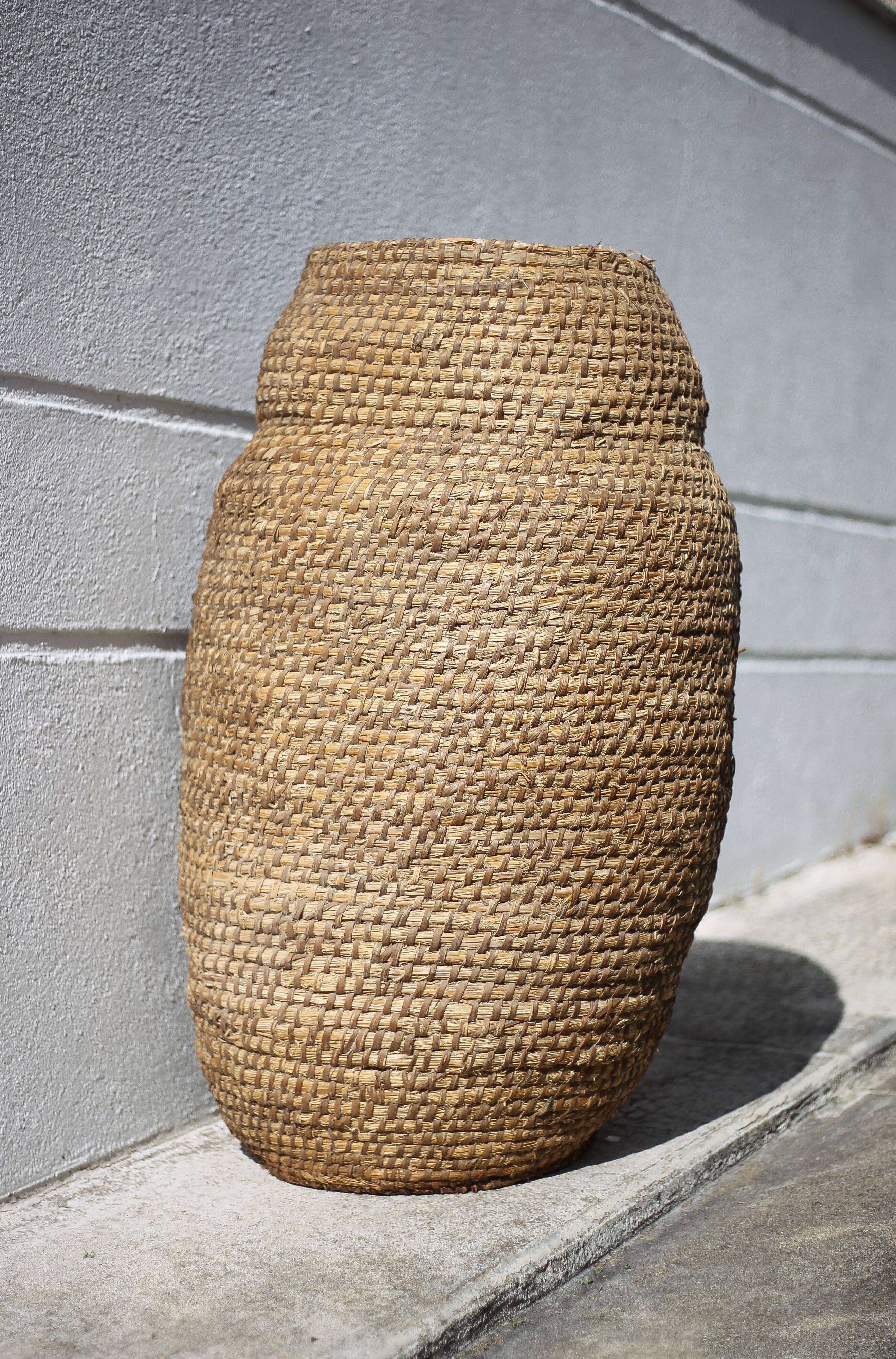 Large old basket, burgundy straw and bramble, woven basket