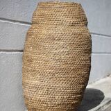 Large old basket, burgundy straw and bramble, woven basket